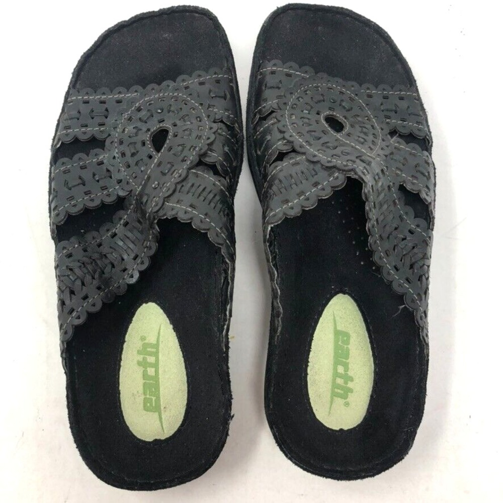 Earth Biostep Sandal Black Leather Slip On Arch Support Biodegradable Womens 7